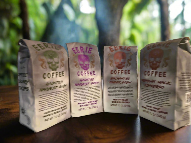 Spooky bags of coffee in jungle scene