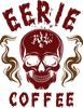 Red skull surrounded by tan smoke word eerie above skull dripping coffee on skull with word coffee under skull