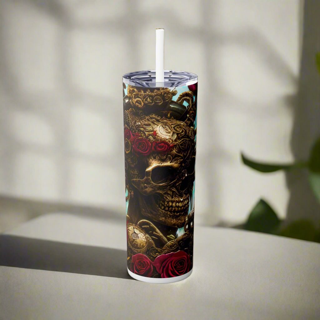 Gold Skull Skinny Tumbler with Straw