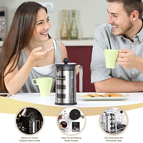 French Press Cafetiere 2 Cups, Stainless Steel Body Shell Coffee Maker