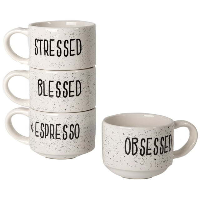 Sentiment Espresso Stoneware Mugs with Rack