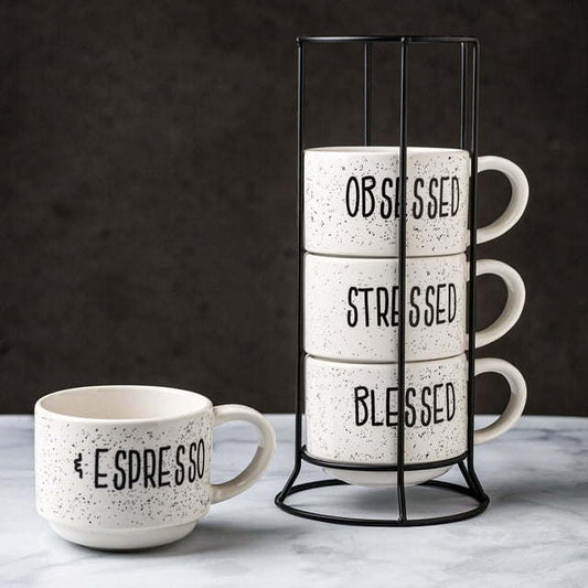 Sentiment Espresso Stoneware Mugs with Rack