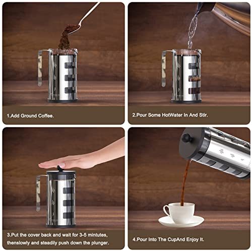 French Press Cafetiere 2 Cups, Stainless Steel Body Shell Coffee Maker