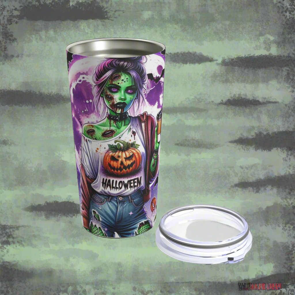 green zombie teen girl tumbler on purple backdrop